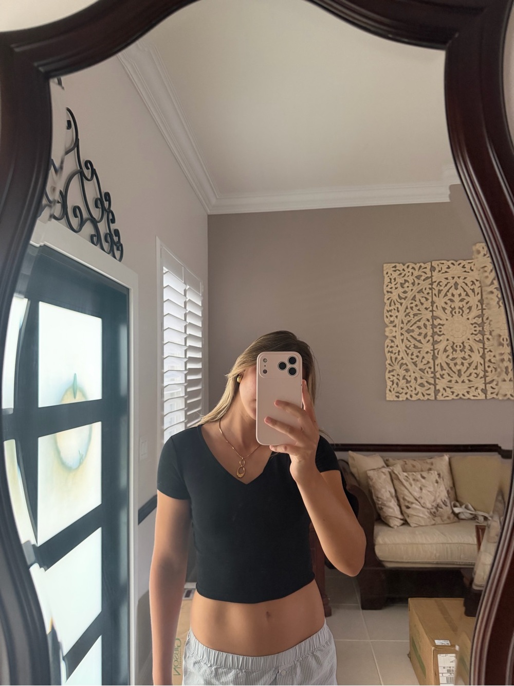 Black Short-Sleeve V-Neck Crop Top